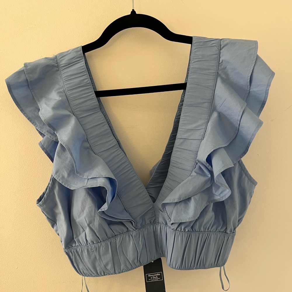 Abercrombie & Fitch Blue Flutter Sleeve Cropped Blouse